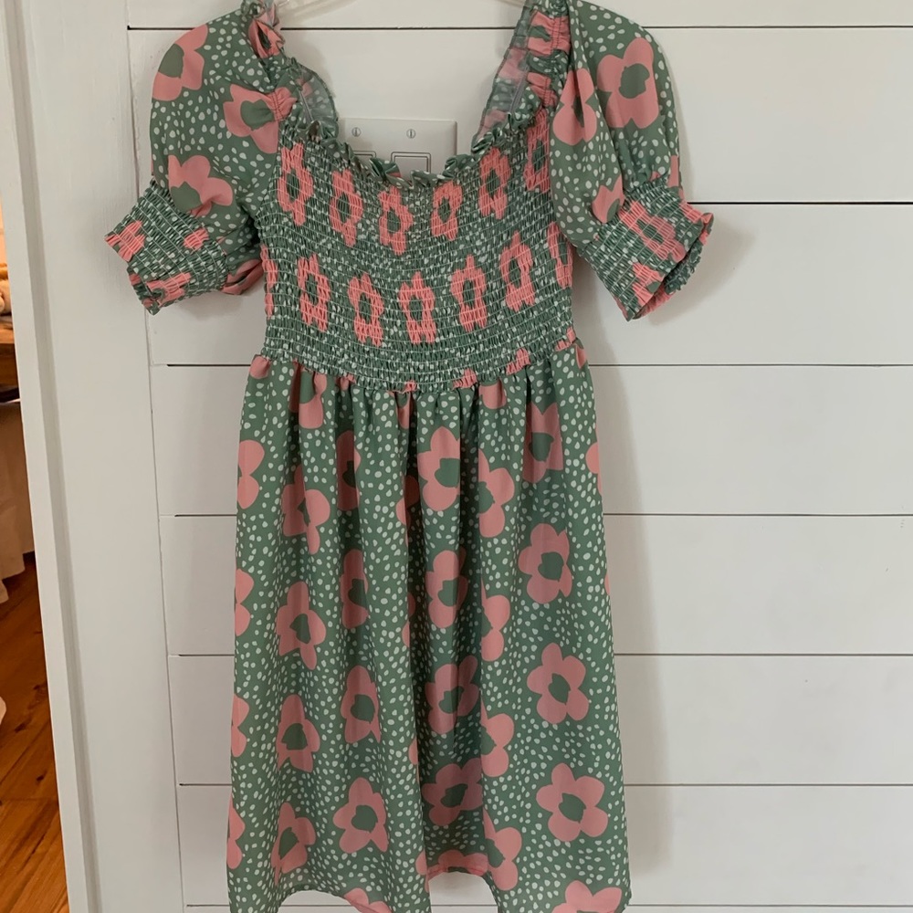 Pink & green smocked babydoll dress